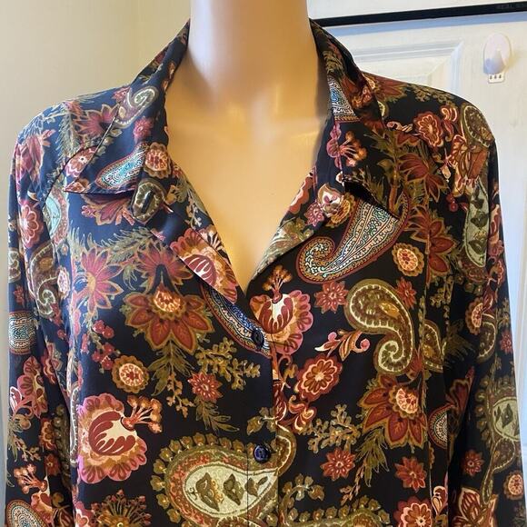 Spense Women Button Up Shirt 1X Black Brown Paisley Hi Low Coastal Sheer Long Sl - Picture 6 of 9